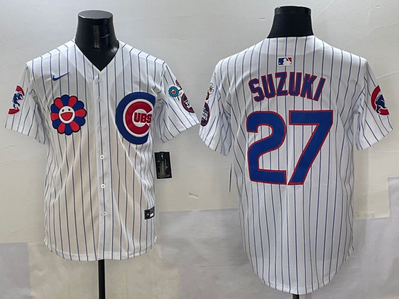 Men Chicago Cubs #27 Suzuki White Stripe Flower Edition 2025 Nike MLB Jersey style 1